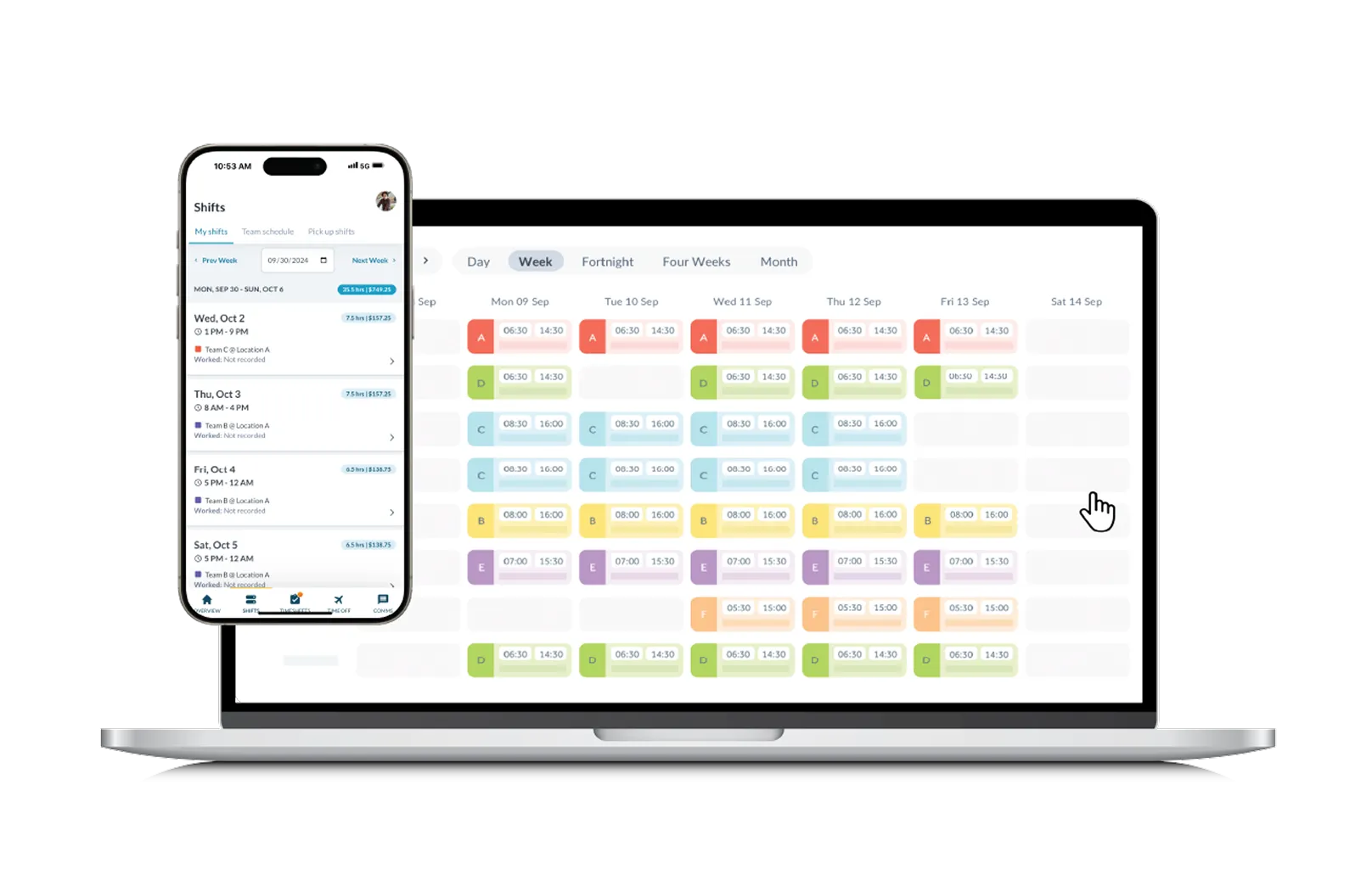 Laptop and phone showing color-coded weekly shift schedules with times and teams for employee scheduling.