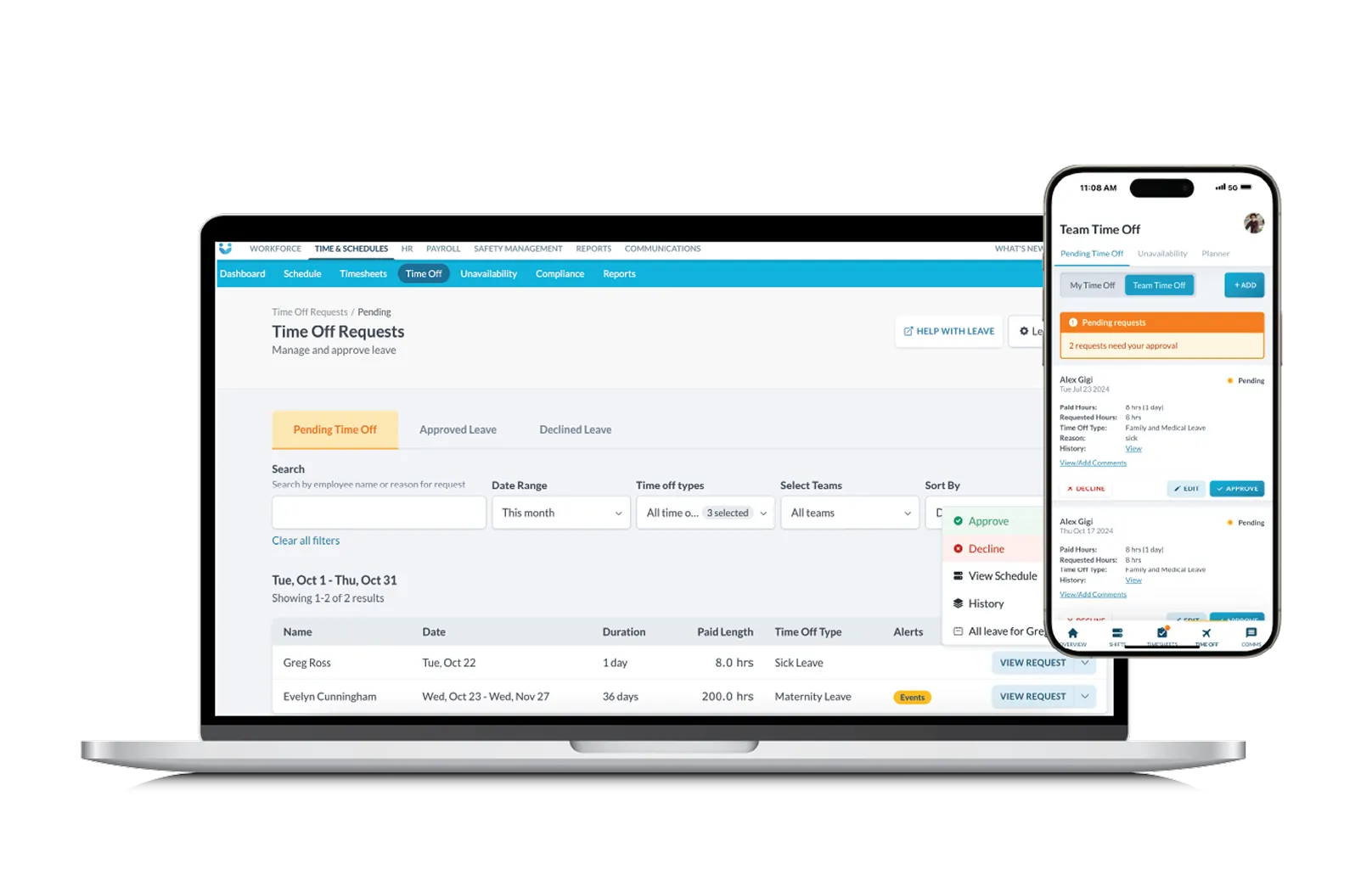 Laptop and smartphone displaying time off requests and approvals for employee leave management.