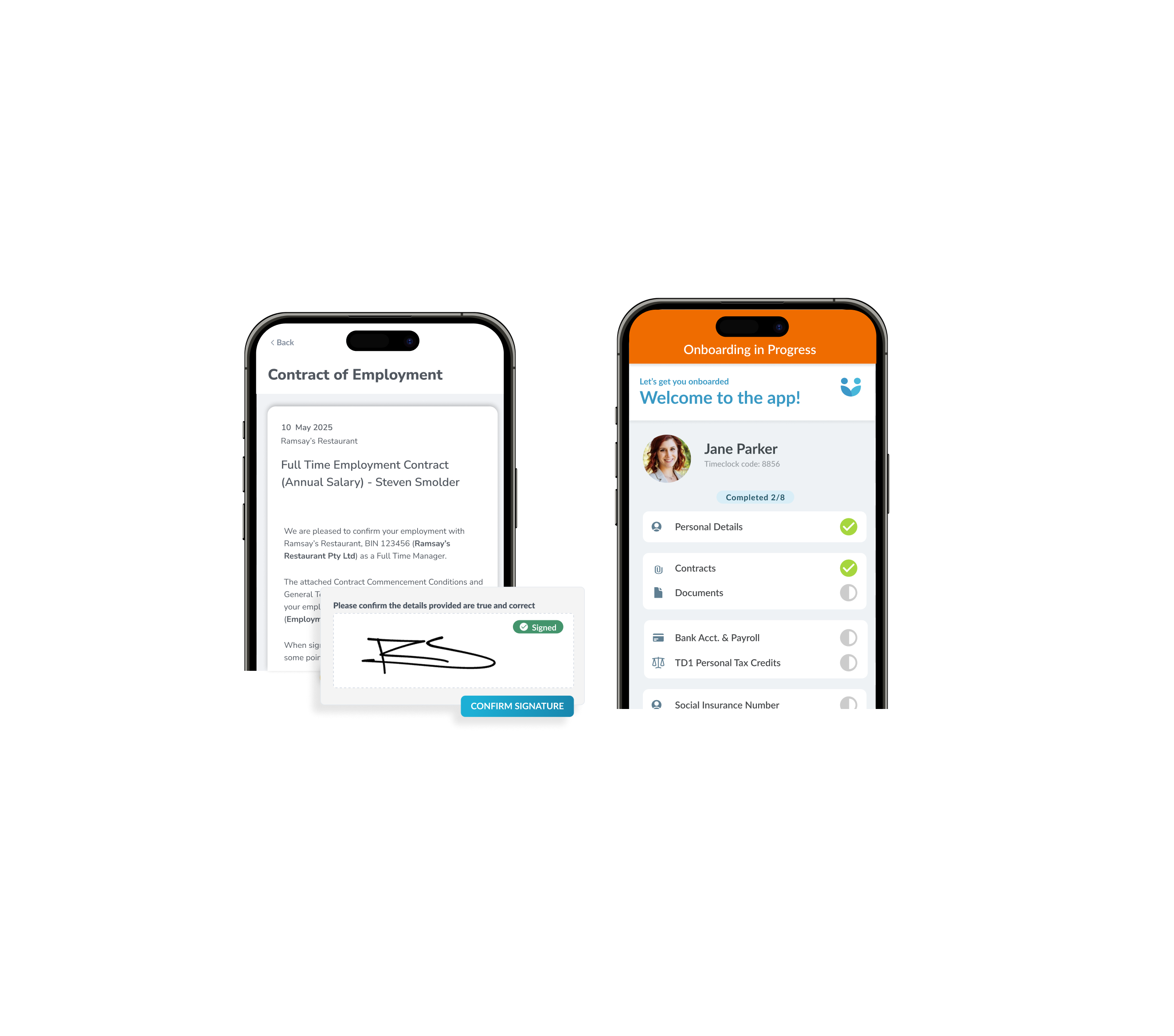 Two phones showing employment app screens: signed contract on left and onboarding progress for Jane Parker on right.