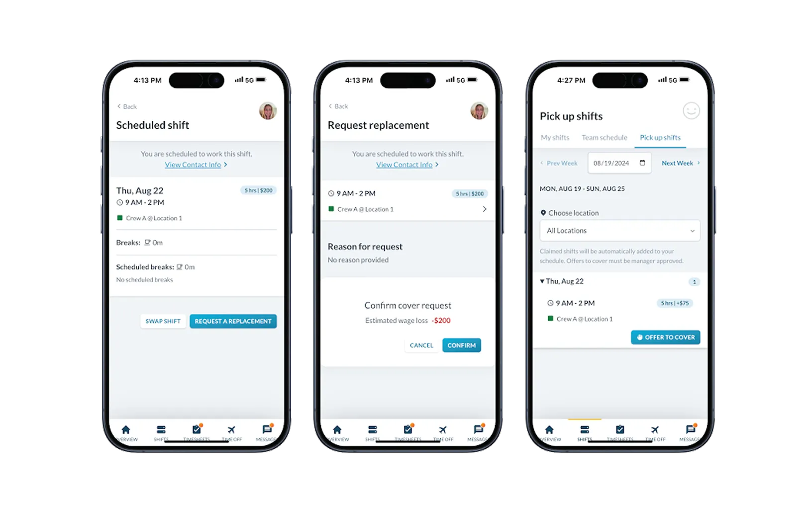 Three phone screens showing shift scheduling, replacement request, and pick-up shifts for Crew A at Location 1.