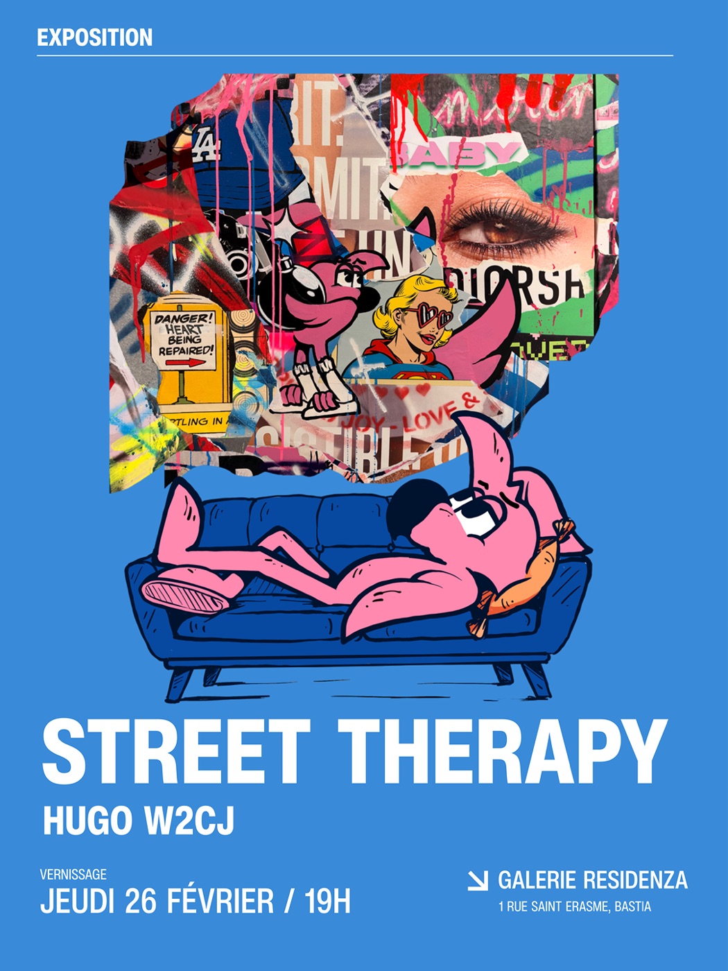 Affiche de l'exposition Street Therapy de Hugo W2CJ à la Galerie Residenza, Bastia : Roger le Flamant Rose allongé sur un canapé bleu