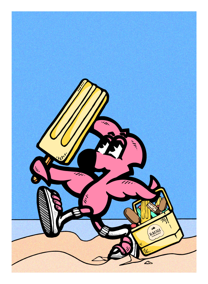 Seconde affiche de la campagne Raugi : Roger le Flamant Rose court sur la plage avec un esquimau et une glacière