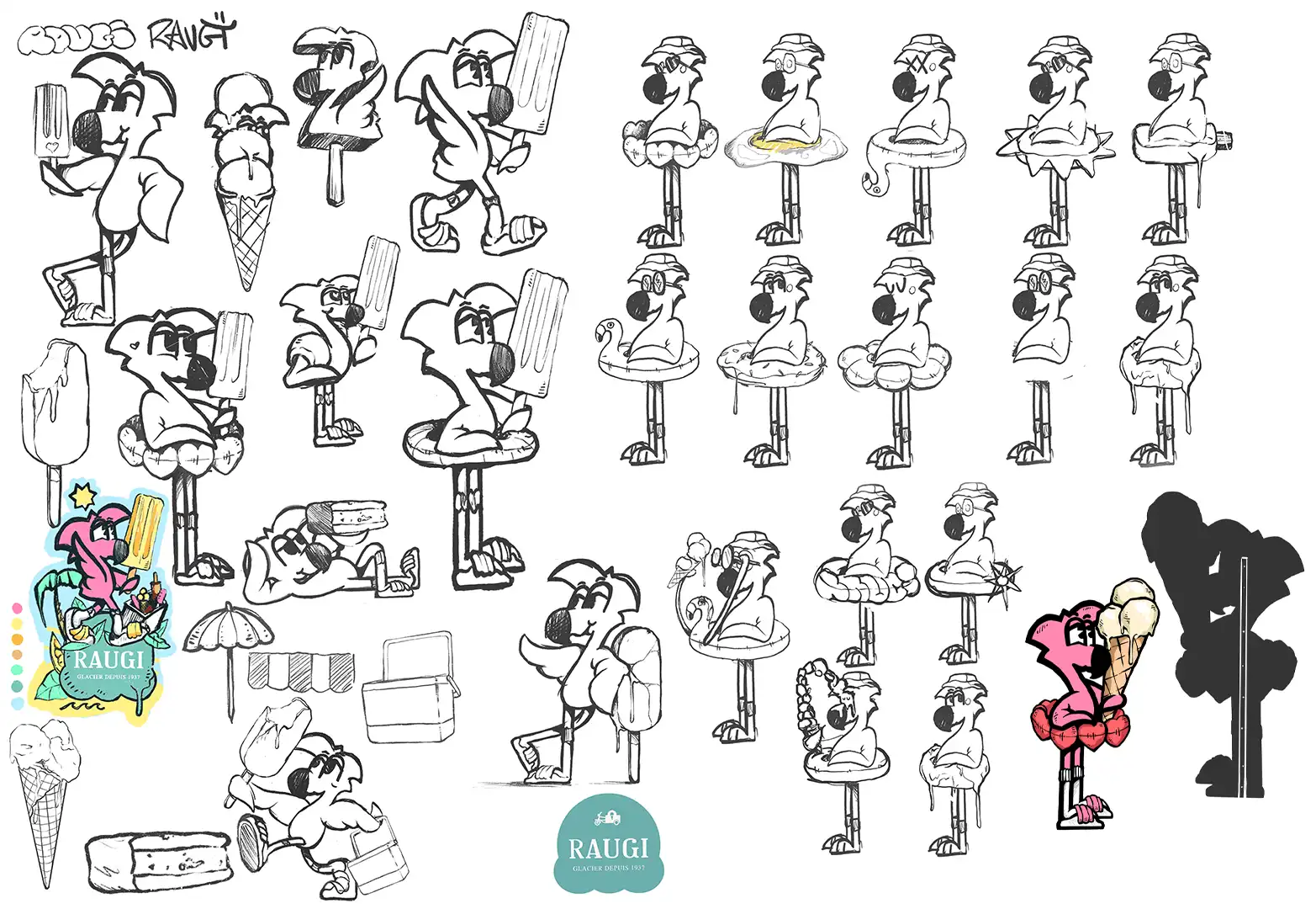 Planche d'esquisses de Roger le Flamant Rose pour la campagne Raugi : poses au cornet, à la bouée et à l'esquimau
