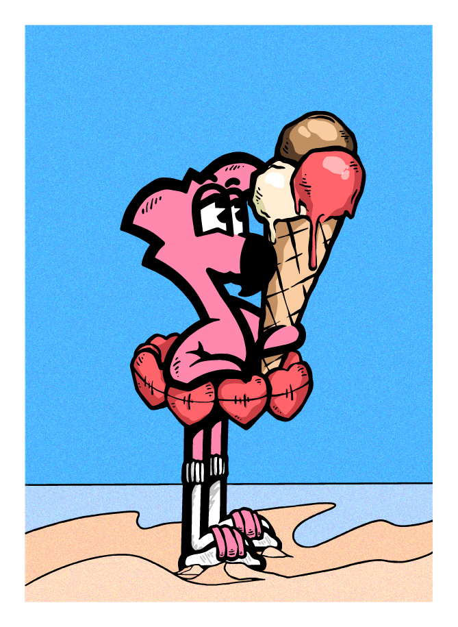 Affiche de la campagne Raugi : Roger le Flamant Rose serre un cornet deux boules sur fond de ciel bleu et de sable