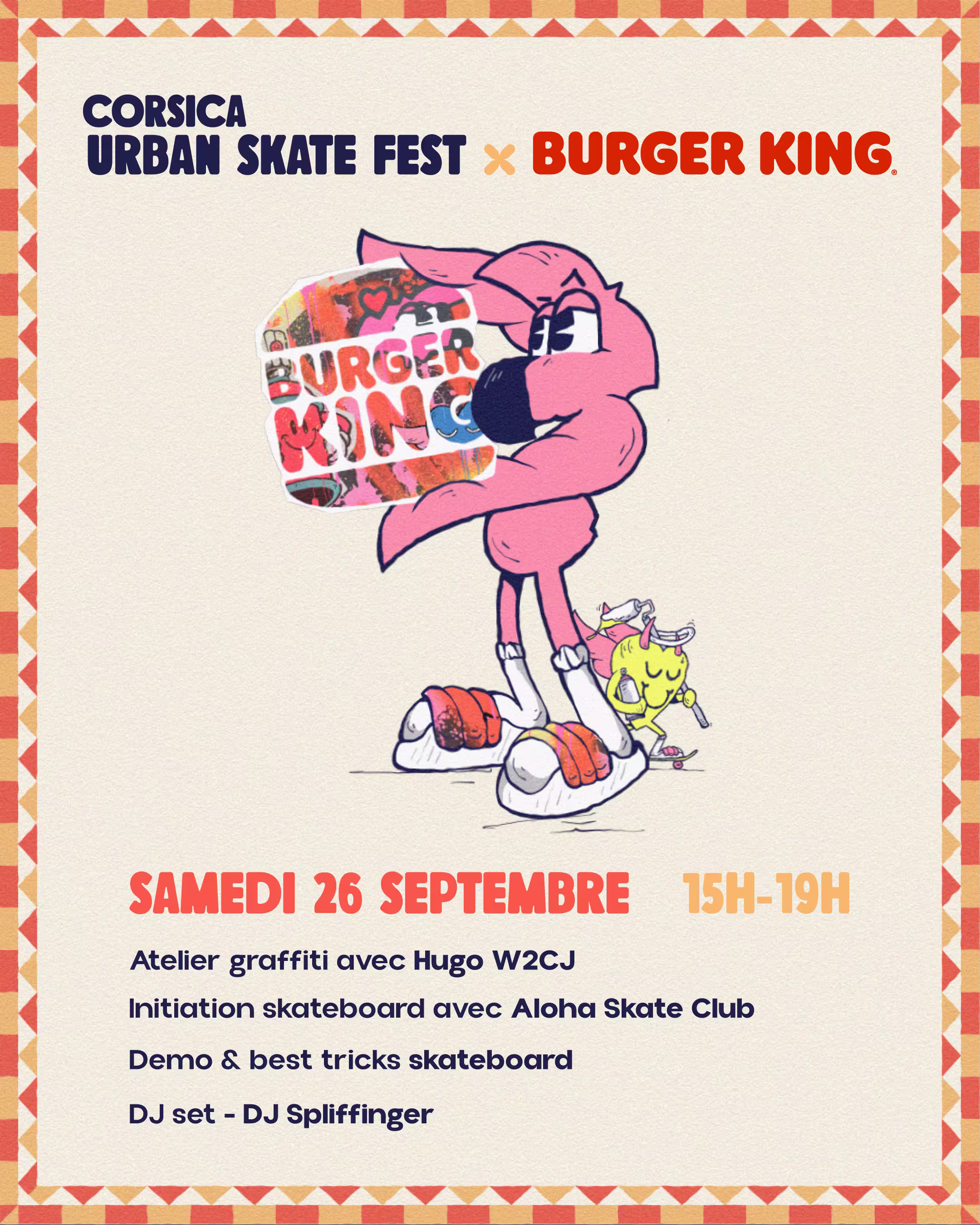Roger le flamant rose tenant le logo Buger King entre ses mains.