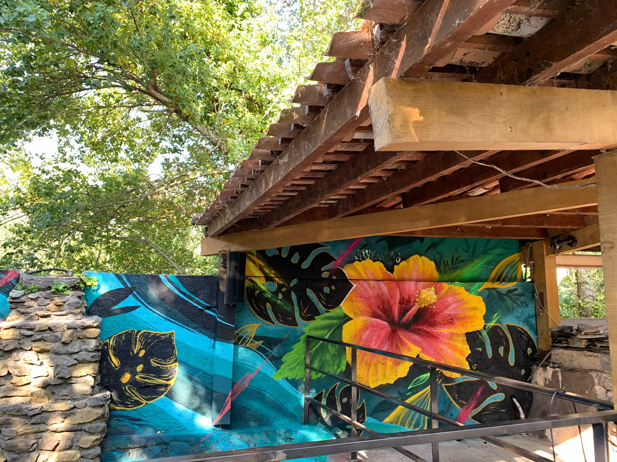 Hibiscus rouge et jaune entouré de feuillages tropicaux, fresque sous la pergola de la piscine de La Conca, 2020