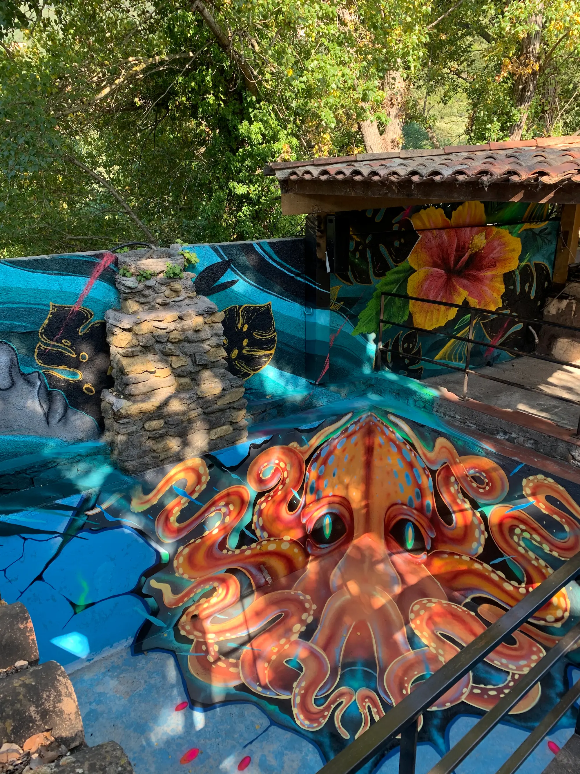 Pieuvre orange géante peinte au fond de la piscine vide de La Conca, murs turquoise et hibiscus en arrière plan, 2020