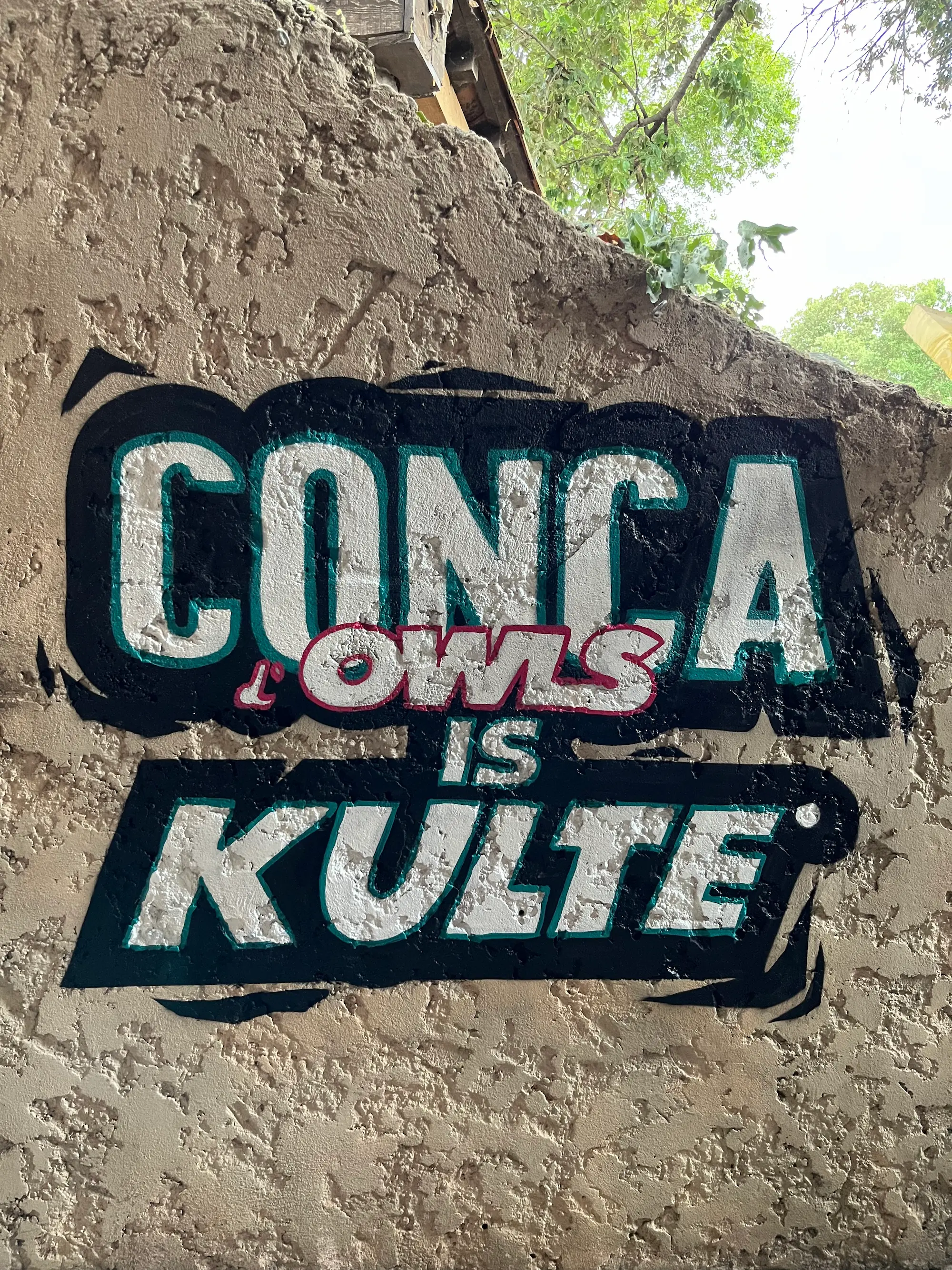 Lettrage « Conca Owls is Kulte » en blanc, noir et vert sur un mur crépi de La Conca, 2022