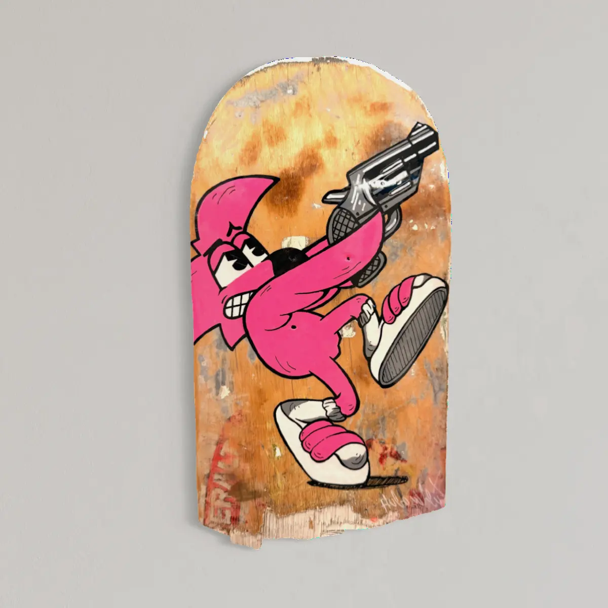 Série « Roll-In » #12, planche de skate peinte, Roger le flamant rose brandissant un revolver, sur bois brut, 2026