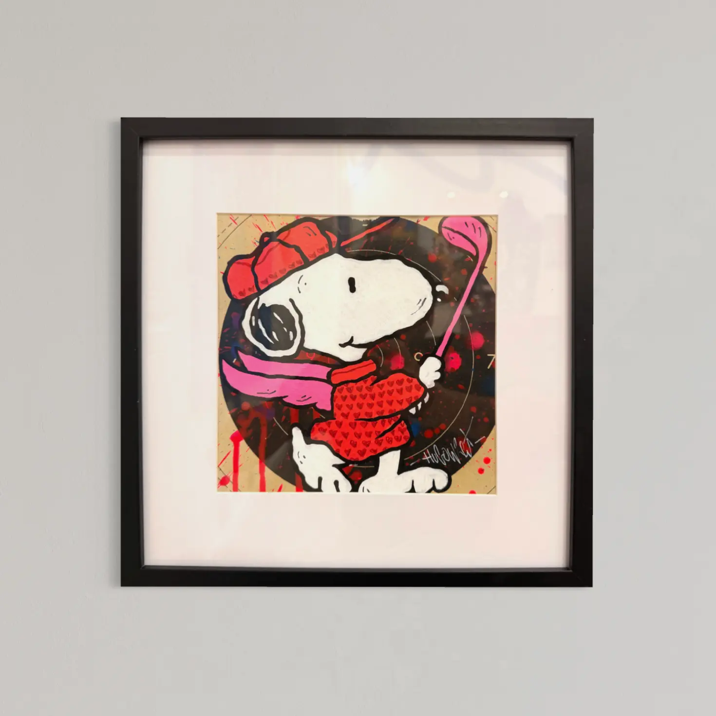 Mini-Target n°2, illustration papier sur cible de tir, Snoopy golfeur en béret et pull rouge à cœurs, encadrement noir, 2026