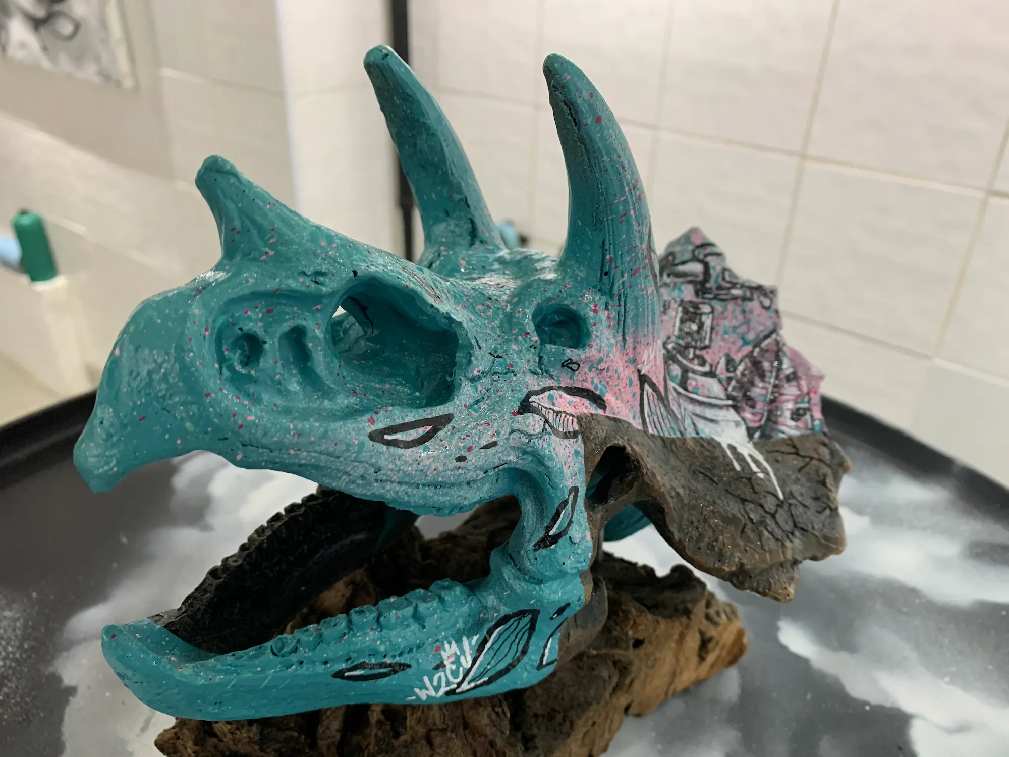 Exposition à la galerie Noir & Blanc, 2020 : crâne de tricératops peint en turquoise et rose, posé sur une écorce de liège