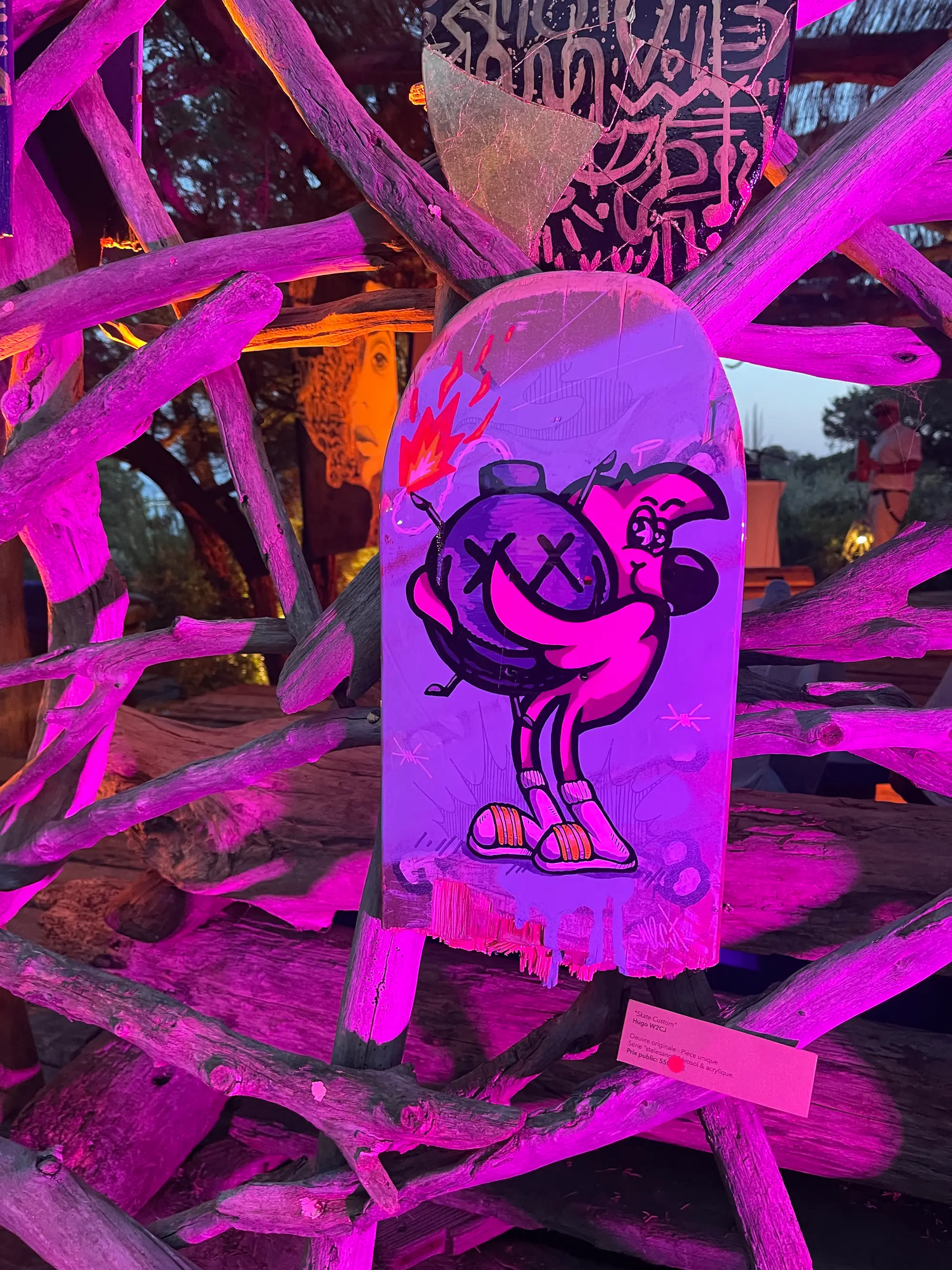 Exposition au Domaine de Murtoli, 2023 : plateau de skate peint, Roger le Flamant Rose portant une bombe à mèche, sous éclairage rose de nuit