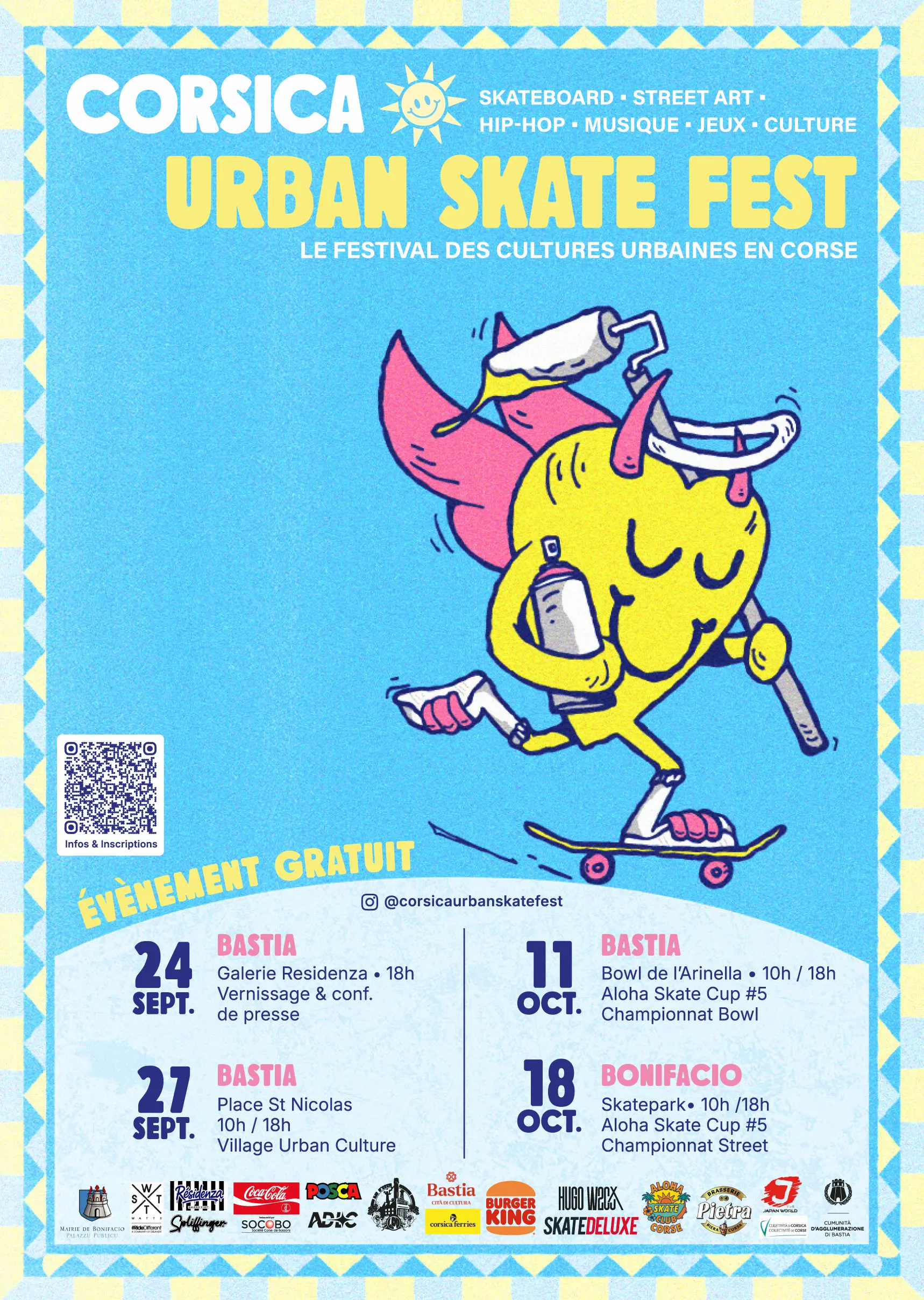 Affiche du Corsica Urban Skate Fest 2026 : un cœur jaune à cornes et auréole, bombe de peinture à la main, sur un skateboard. Dates à Bastia et Bonifacio, évènement gratuit.