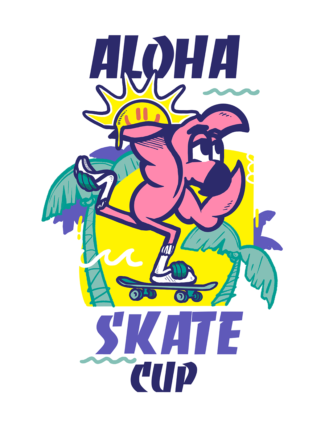Collaboration Hugo W2CJ x Aloha Skate Club : logo de l'Aloha Skate Cup, Roger le Flamant Rose sur un skate devant des palmiers et un soleil
