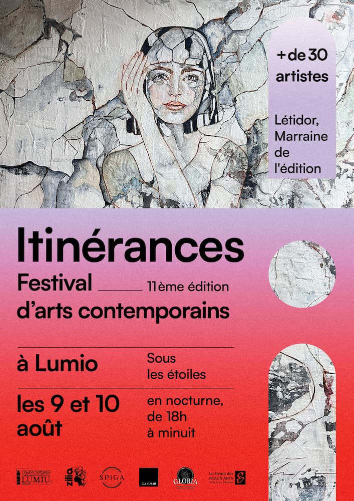 Affiche d'Itinérances, festival d'arts contemporains de Lumio, 11e édition, les 9 et 10 août en nocturne