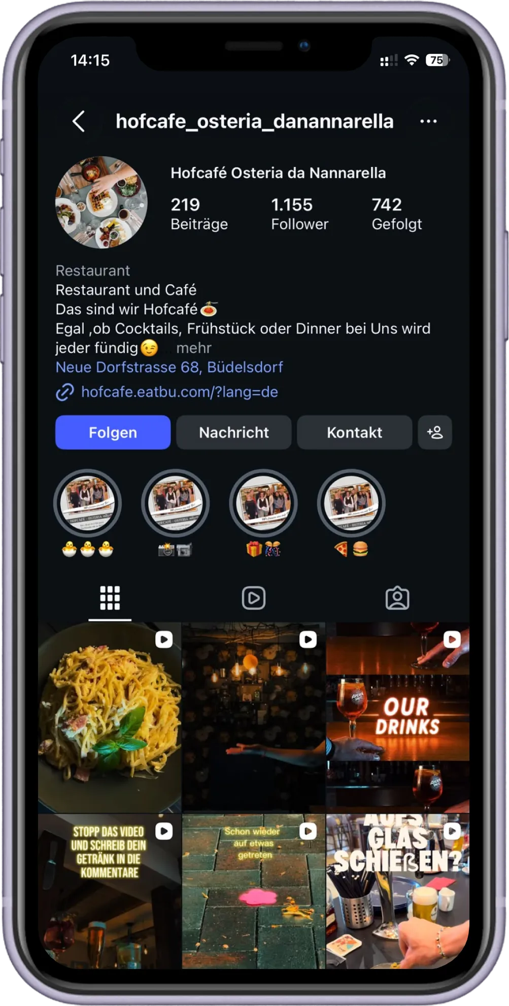 Instagram-Profil des Hofcafé Osteria da Nannarella auf dem Smartphone