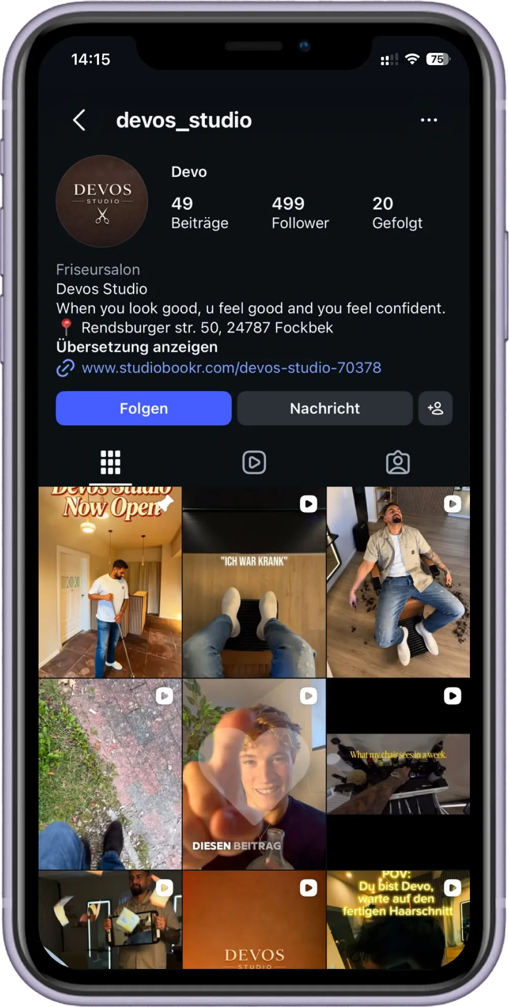 Instagram-Profil des Barberstudios Devos auf dem Smartphone