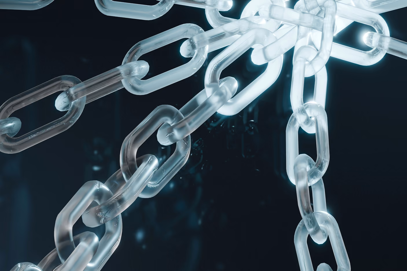 Close-up of translucent, glowing chain links connected against a dark background.
