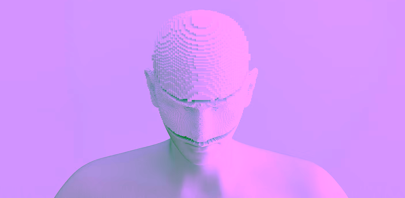 White bust of a human head with a pixelated effect on the top, set against a pale blue background.