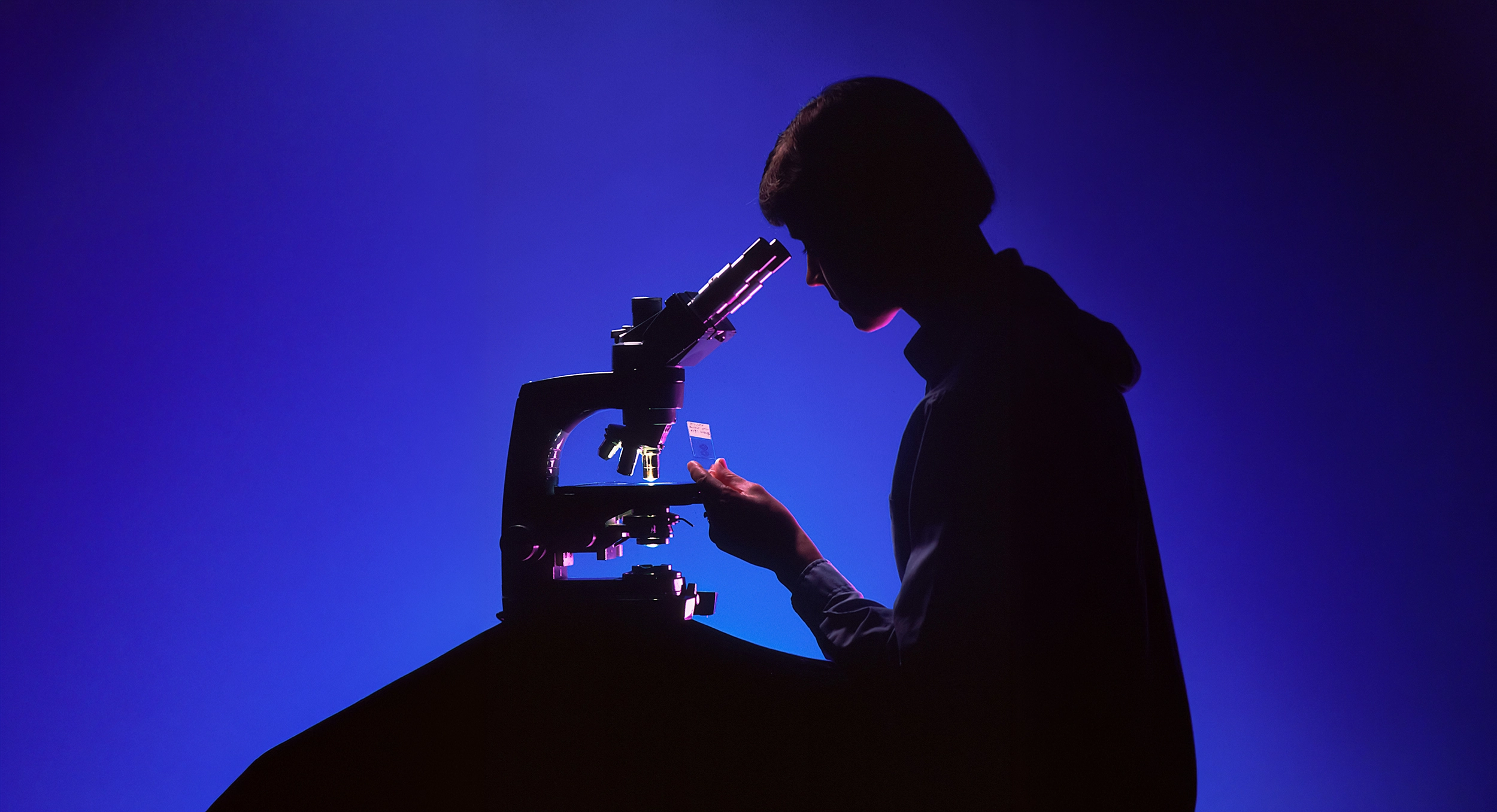 Scientist examining a sample through a microscope
