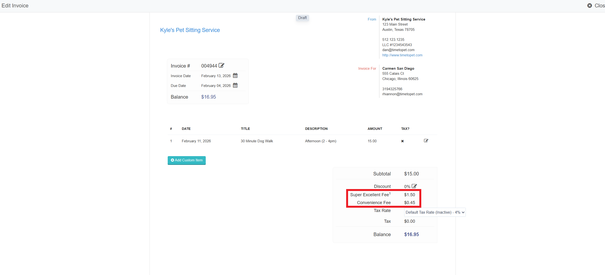 Examples of Flexible Fees set up in Time To Pet