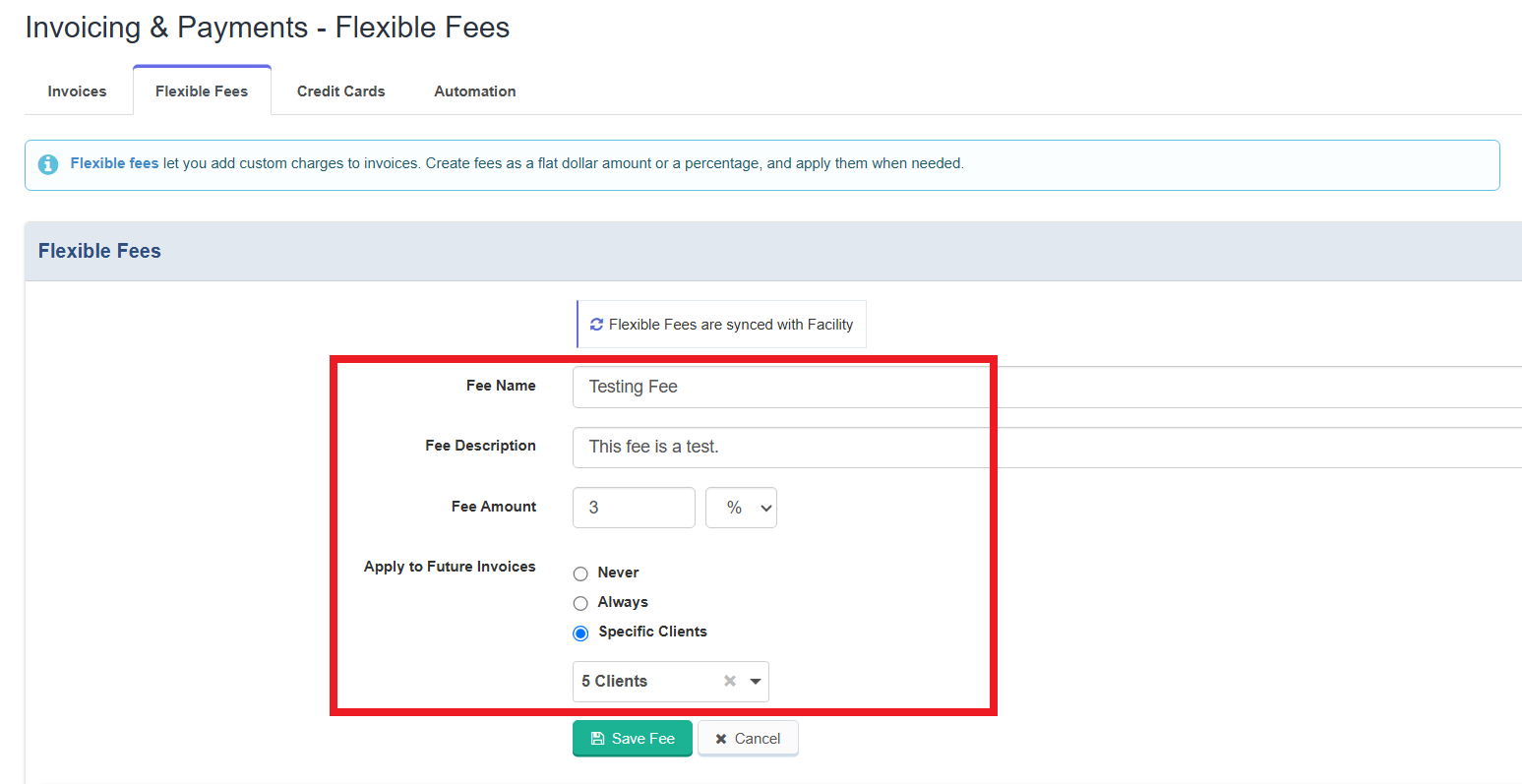 New fee form with name, description, amount type, and invoice application options