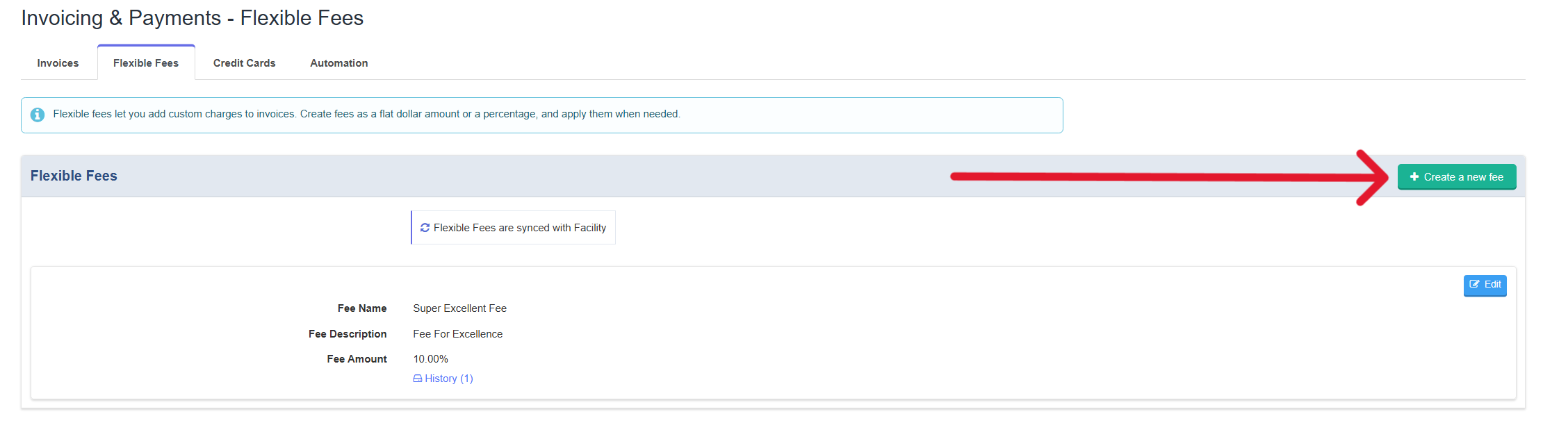 Flexible Fees settings page with the Create A New Fee button