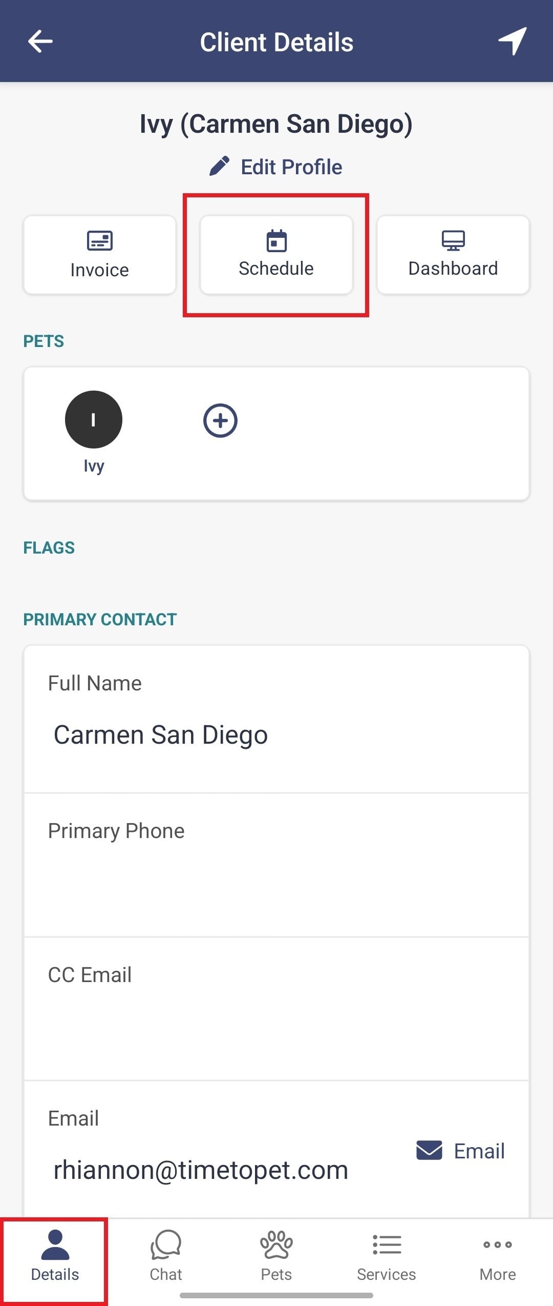 Client profile Details tab in the mobile app with the Schedule button
