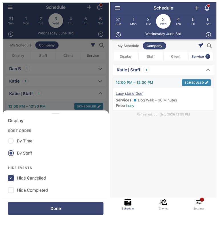 Company tab in the mobile app Schedule section showing the team's events
