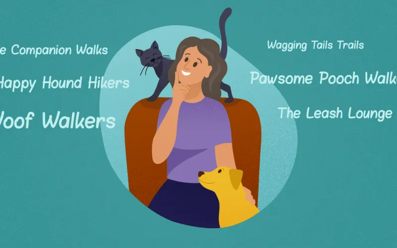 Illustration of a woman thinking about dog walking business names, with a cat on her chair and a dog at her side