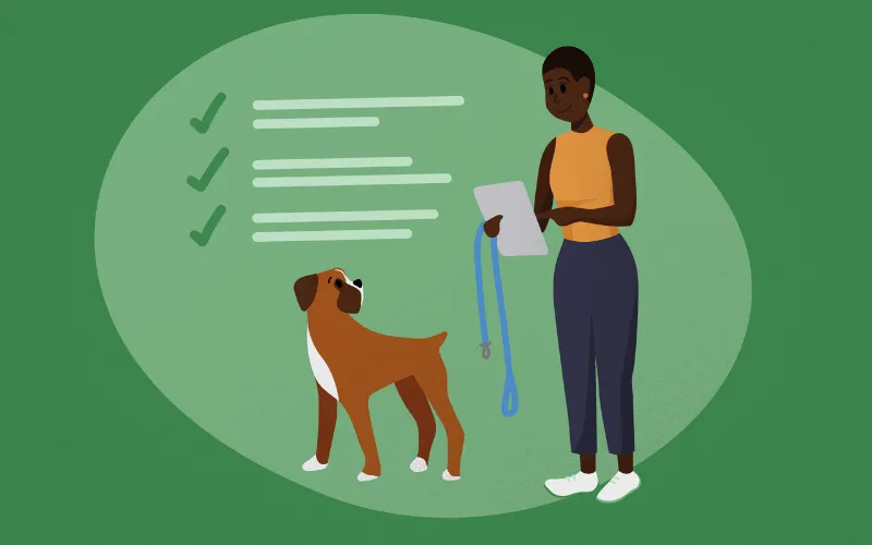 Illustration of a dog walker holding a leash and reviewing a contract checklist next to a boxer dog