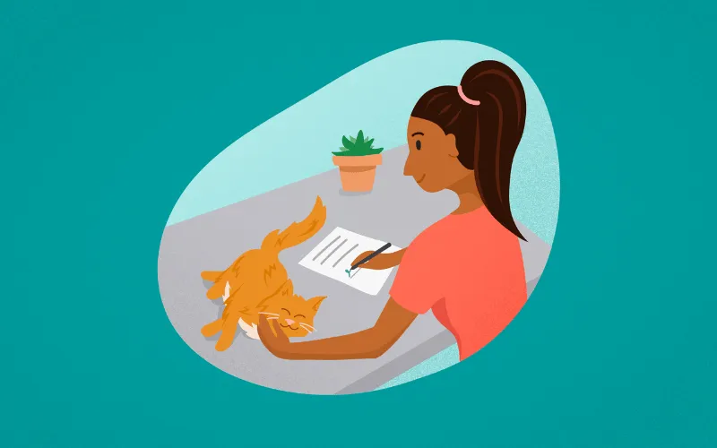 Illustration of a pet sitter signing a contract at a table while a ginger cat lies beside her