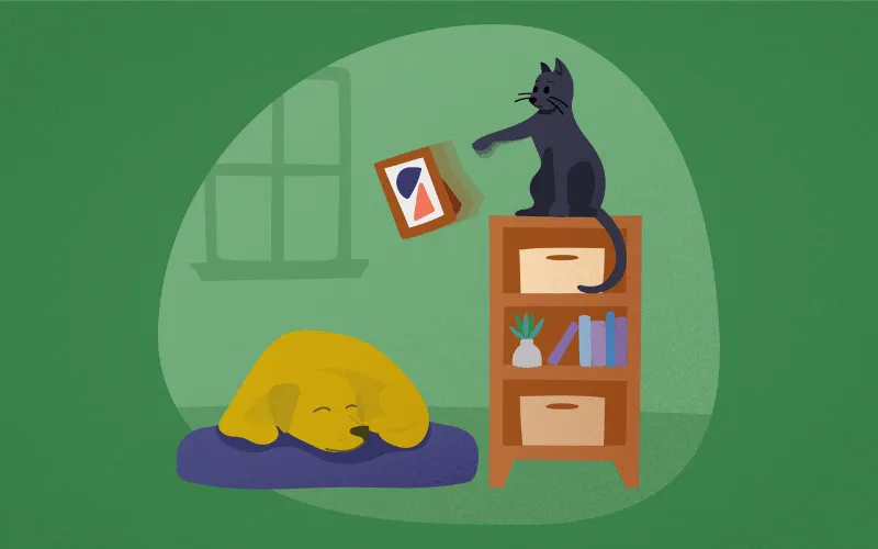 Illustration of a cat knocking a picture frame off a shelf while a dog sleeps on its bed