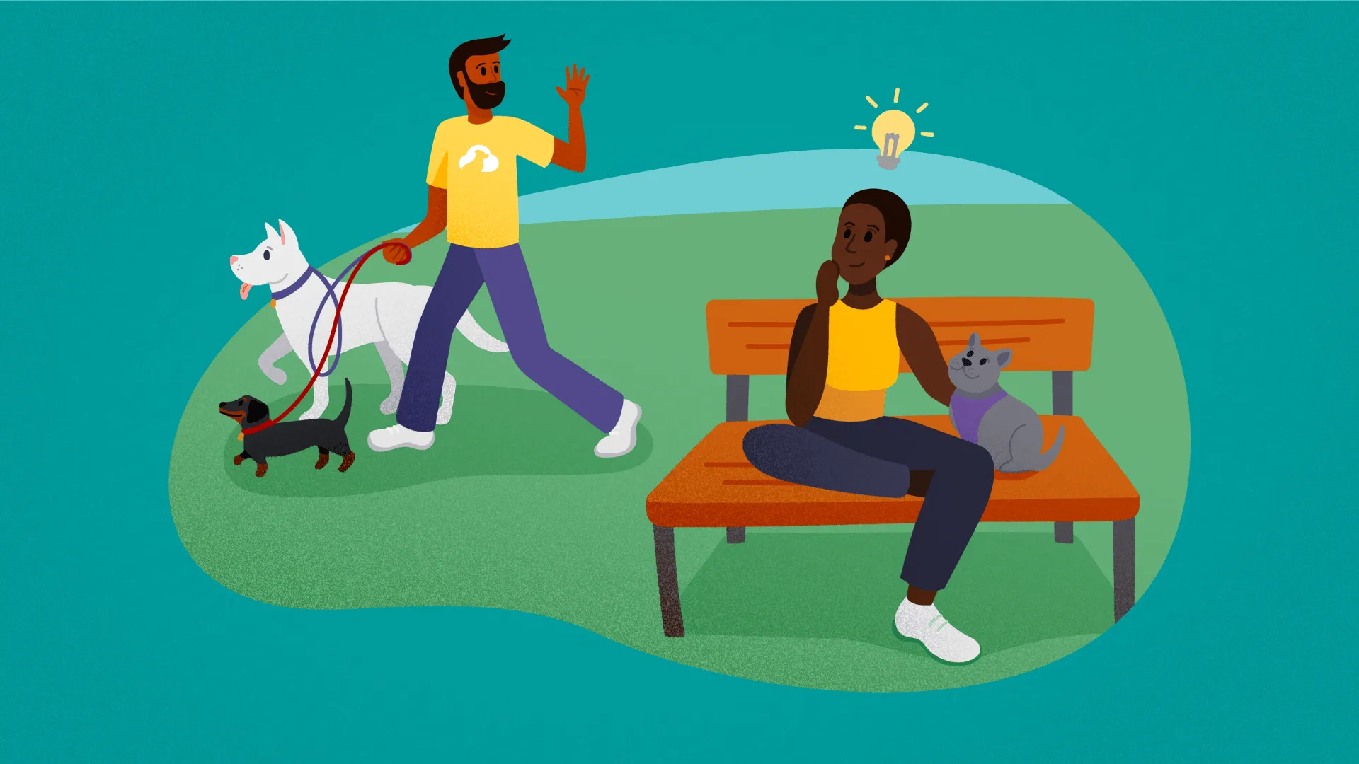 Illustration of a woman on a park bench with a cat getting the idea to become a dog walker as a man walks two dogs past