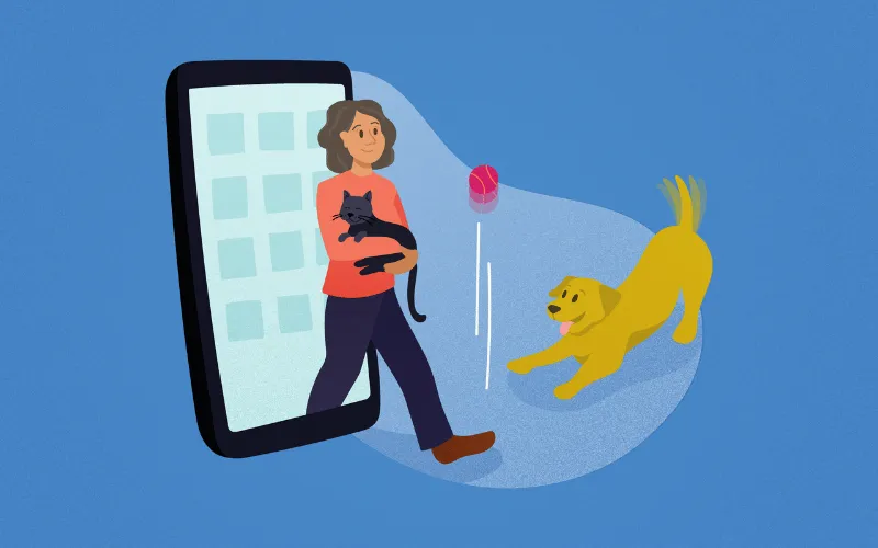 Illustration of a pet sitter holding a cat stepping out of a giant phone screen while a dog plays with a ball