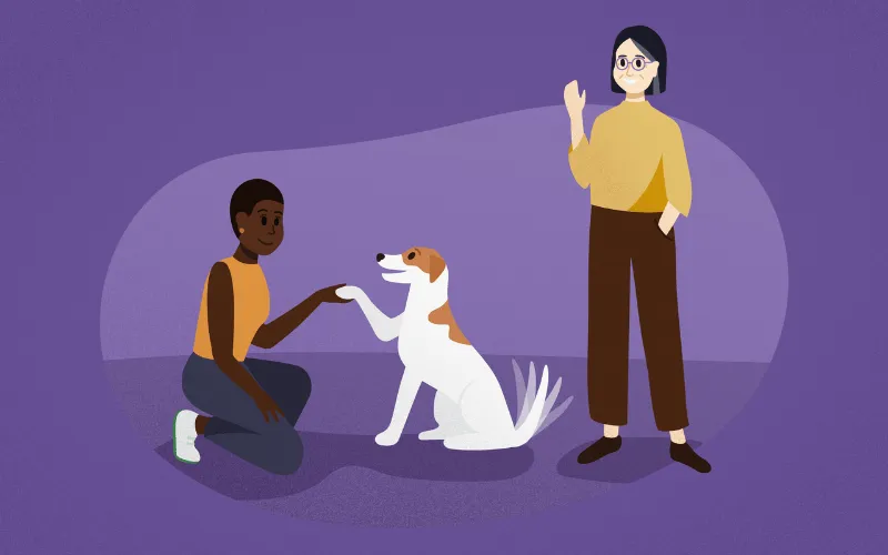 Illustration of a pet sitter shaking paws with a dog during a meet and greet as the owner waves