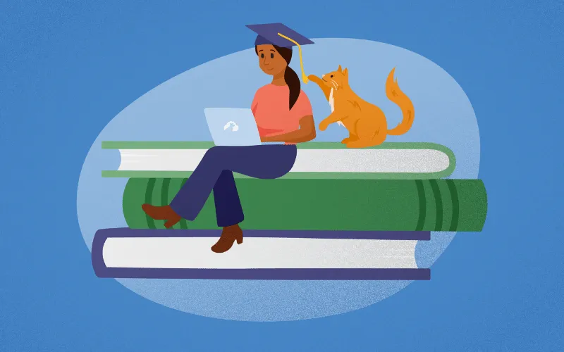 Illustration of a pet sitter in a graduation cap studying on a laptop atop a stack of books with a cat