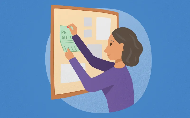 Illustration of a woman pinning a pet sitter flyer to a bulletin board