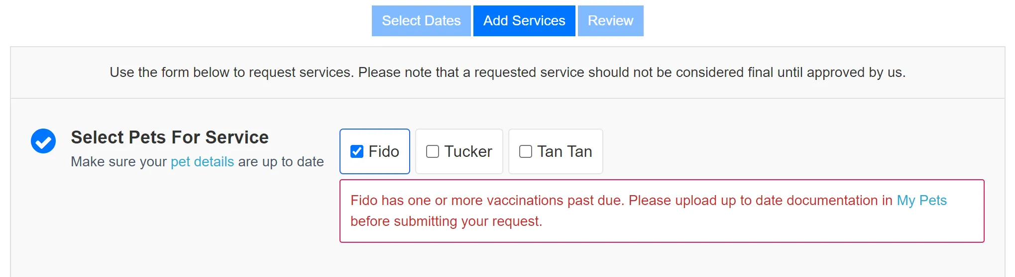 Notice in Client Portal blocking schedule requests when pet vaccinations are past due
