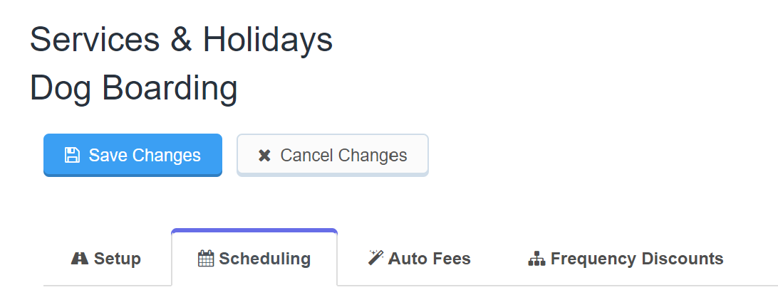 Time To Pet edit service screen with the new Scheduling tab
