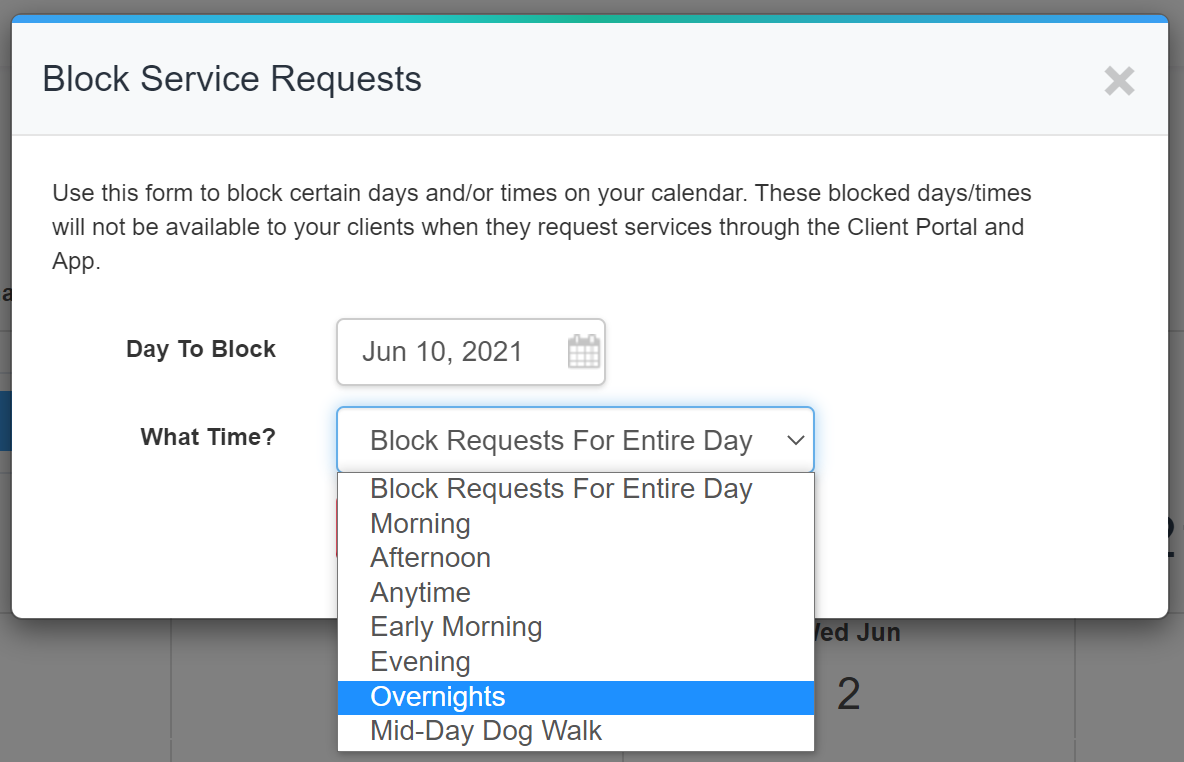 Time To Pet Block Requests window for blocking a full day or a single schedule block