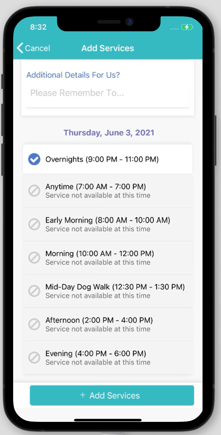 Time To Pet client app request form with the schedule block preselected for a limited service