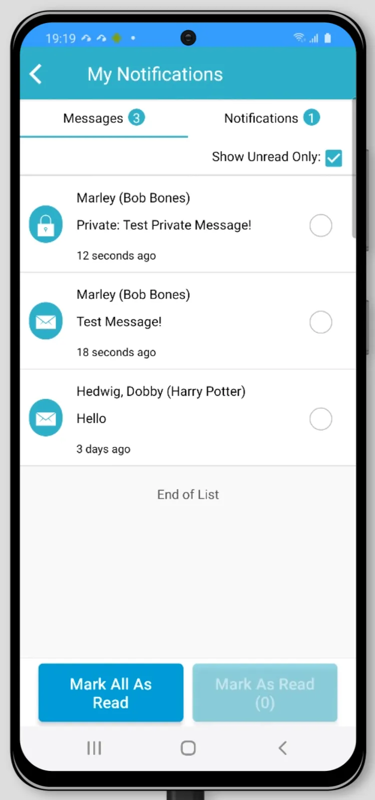 Screenshot of Messages tab in Notifications Center