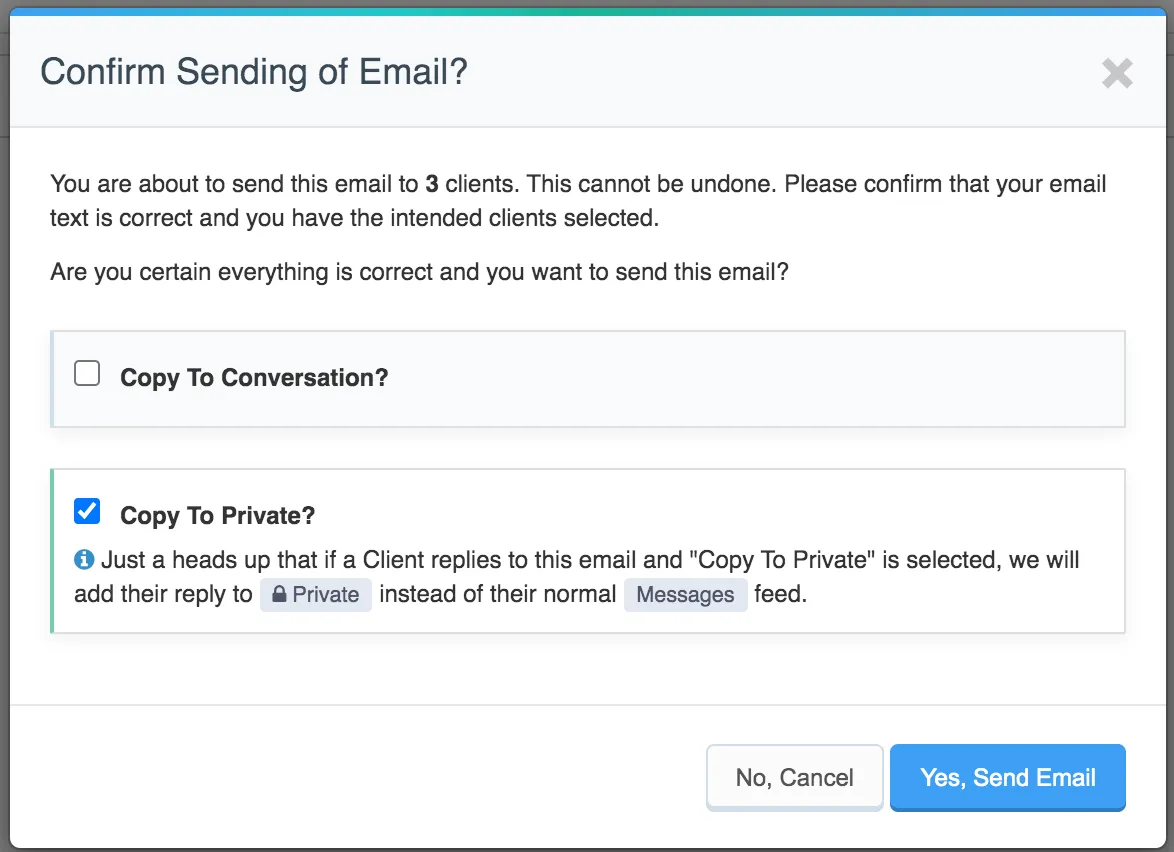 Screenshot of tool to send mass emails to private channel.