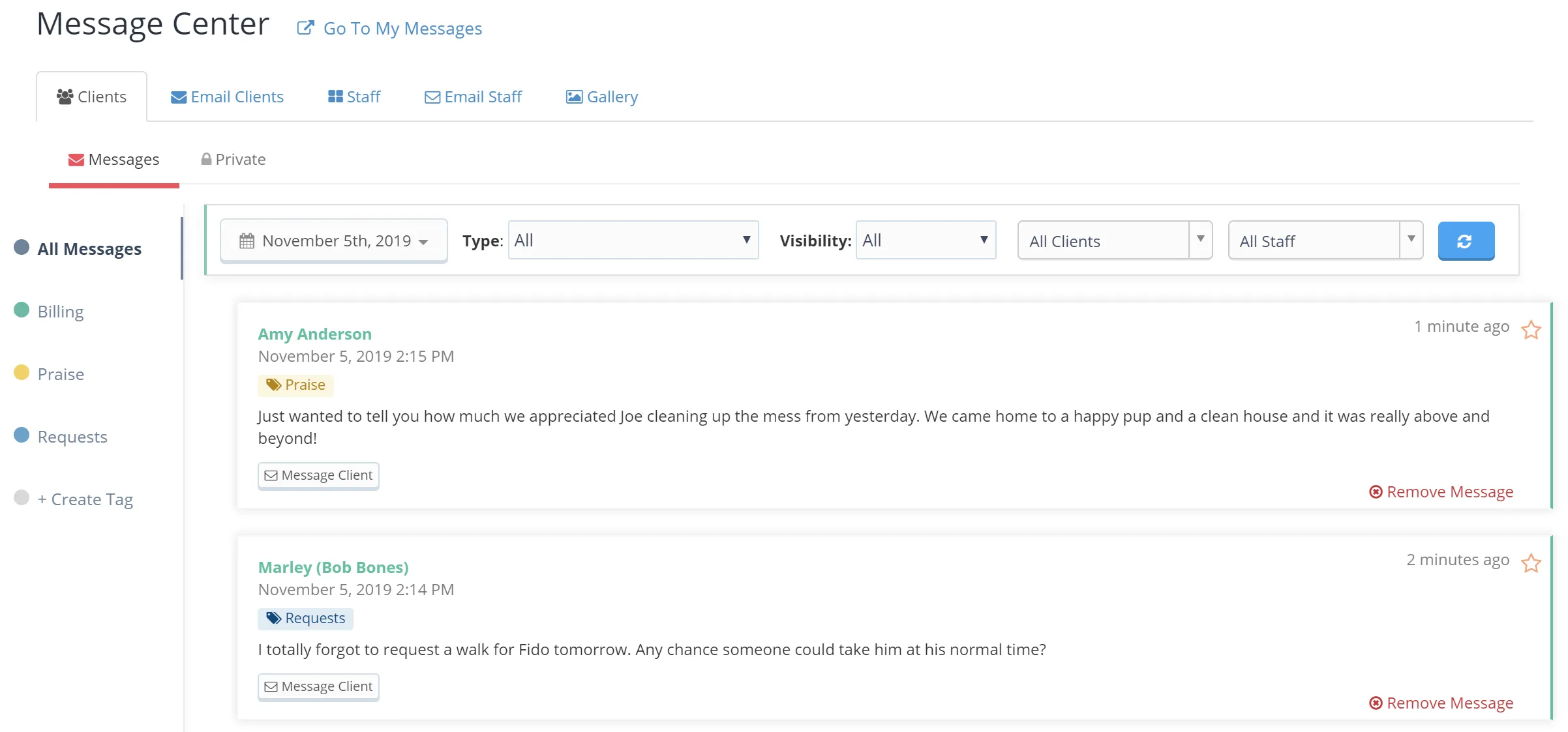 Tags in the Message Center