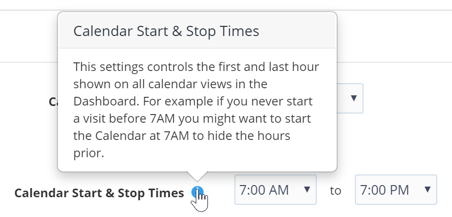 Time To Pet Company Settings Scheduler section with calendar start and stop time settings