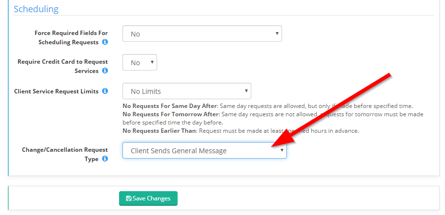 Time To Pet Portal Settings Scheduling section with the change and cancellation request setting