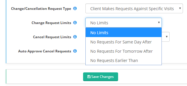 Time To Pet settings for change request limits, cancellation request limits and auto approval