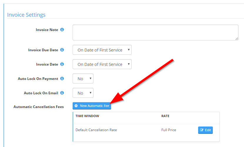 Time To Pet Invoice Settings for setting up automatic cancellation fees