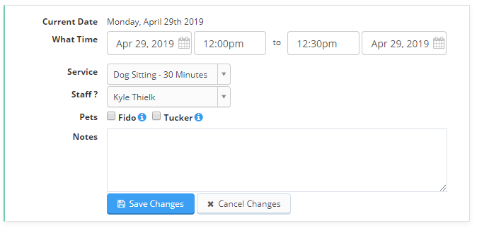 Time To Pet edit event screen for updating an unapproved template event's date, time, service, staff and pets